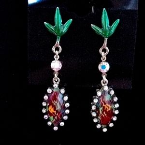 Vintage BETSEY JOHNSON Asian Jungle Camo Leopard Print Marquis Dangle Earrings.